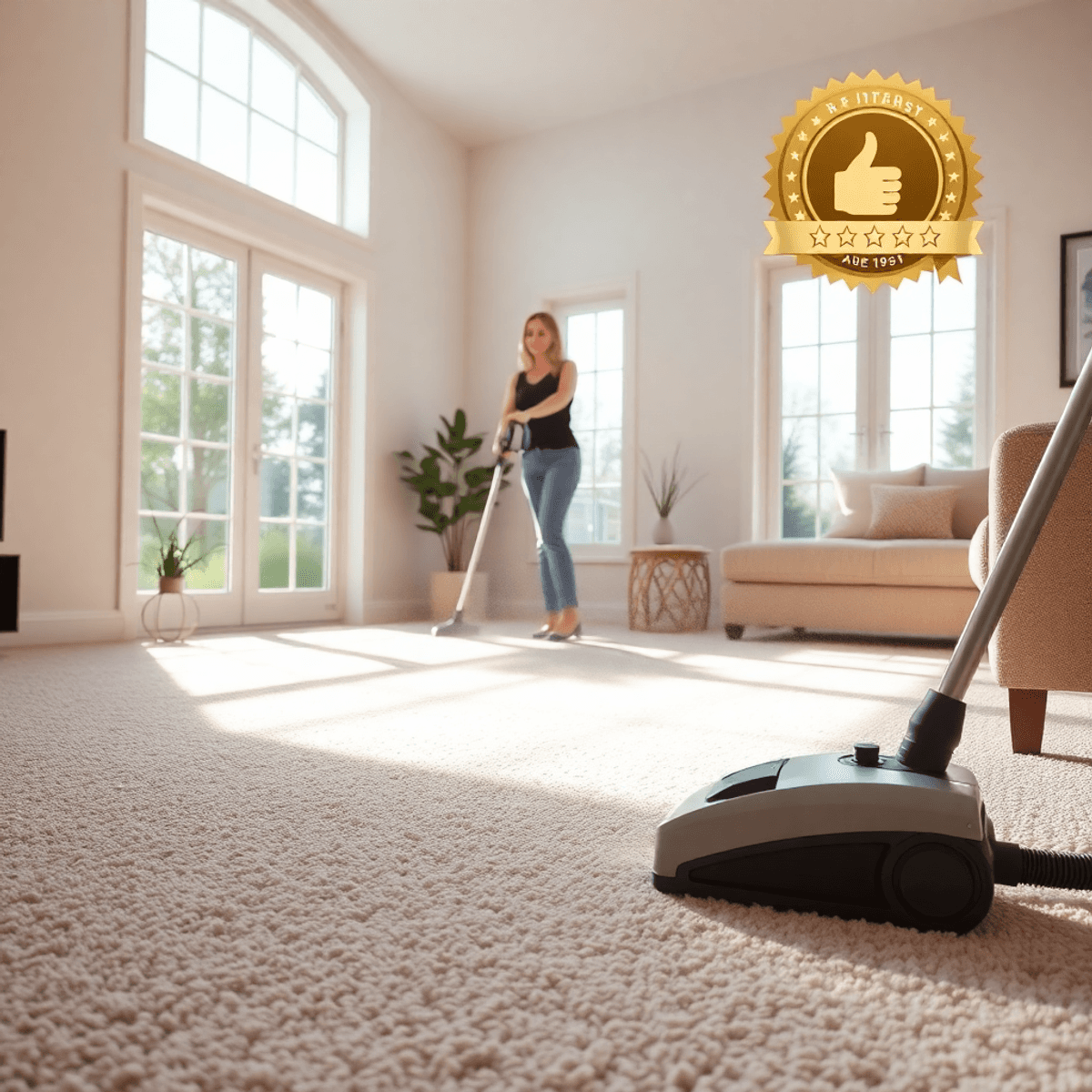 5 things to look for when hiring a carpet cleaner in Southend on Sea A bright living room with sunlight streaming through large windows, a professional cleaning a plush carpet using a modern machine.