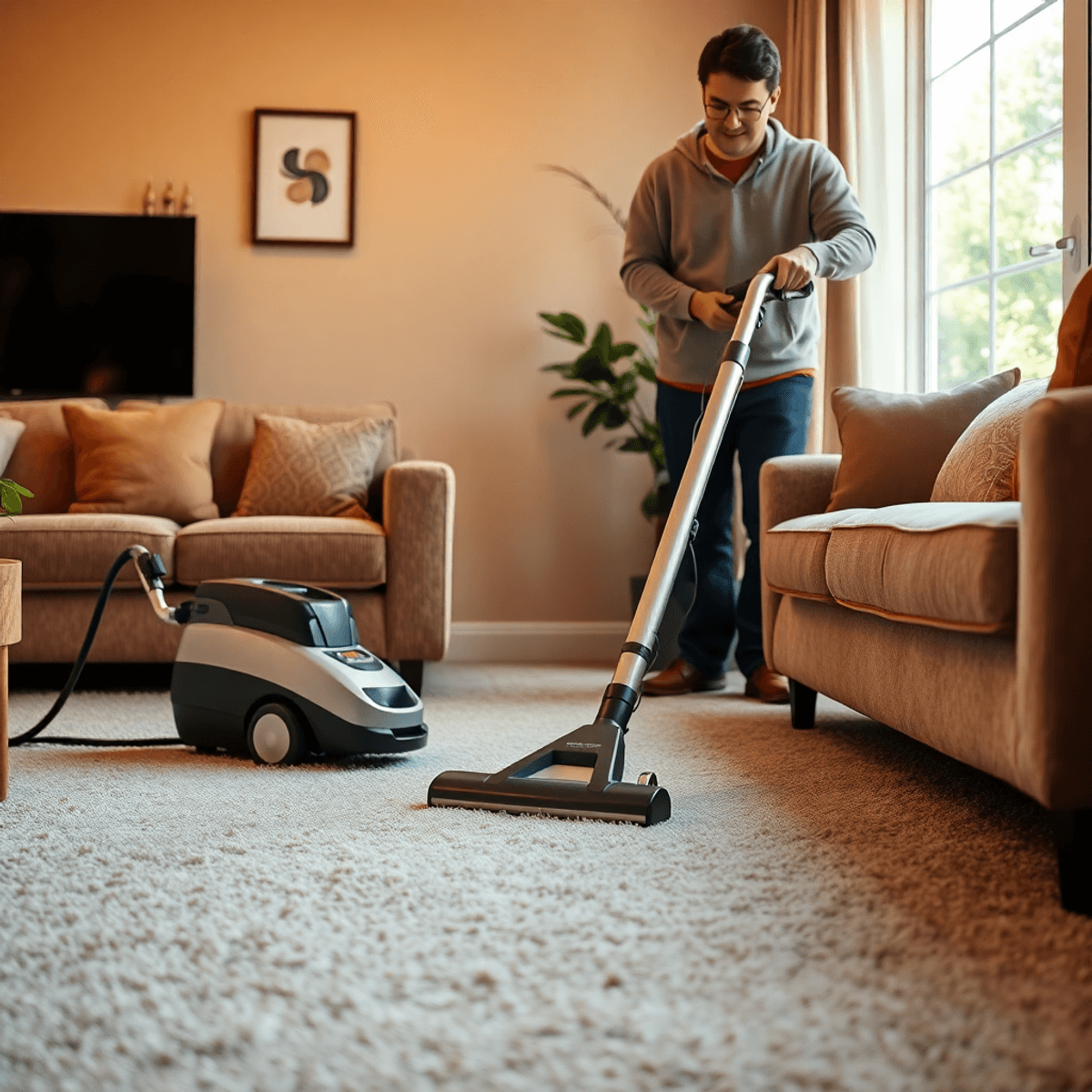 A cosy living room with warm light, showing a professional using a sleek machine to clean a plush carpet, highlighting its softness and freshness.
