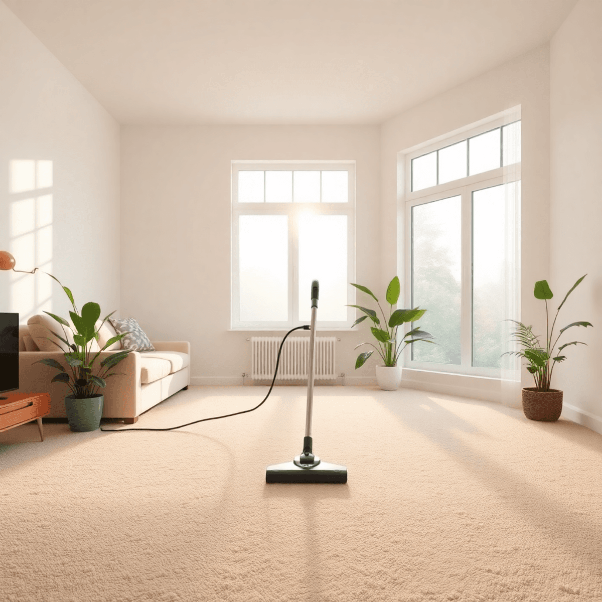 Sunlit modern living room with neutral carpet, a vacuum cleaner in action, and green potted plants adding freshness.