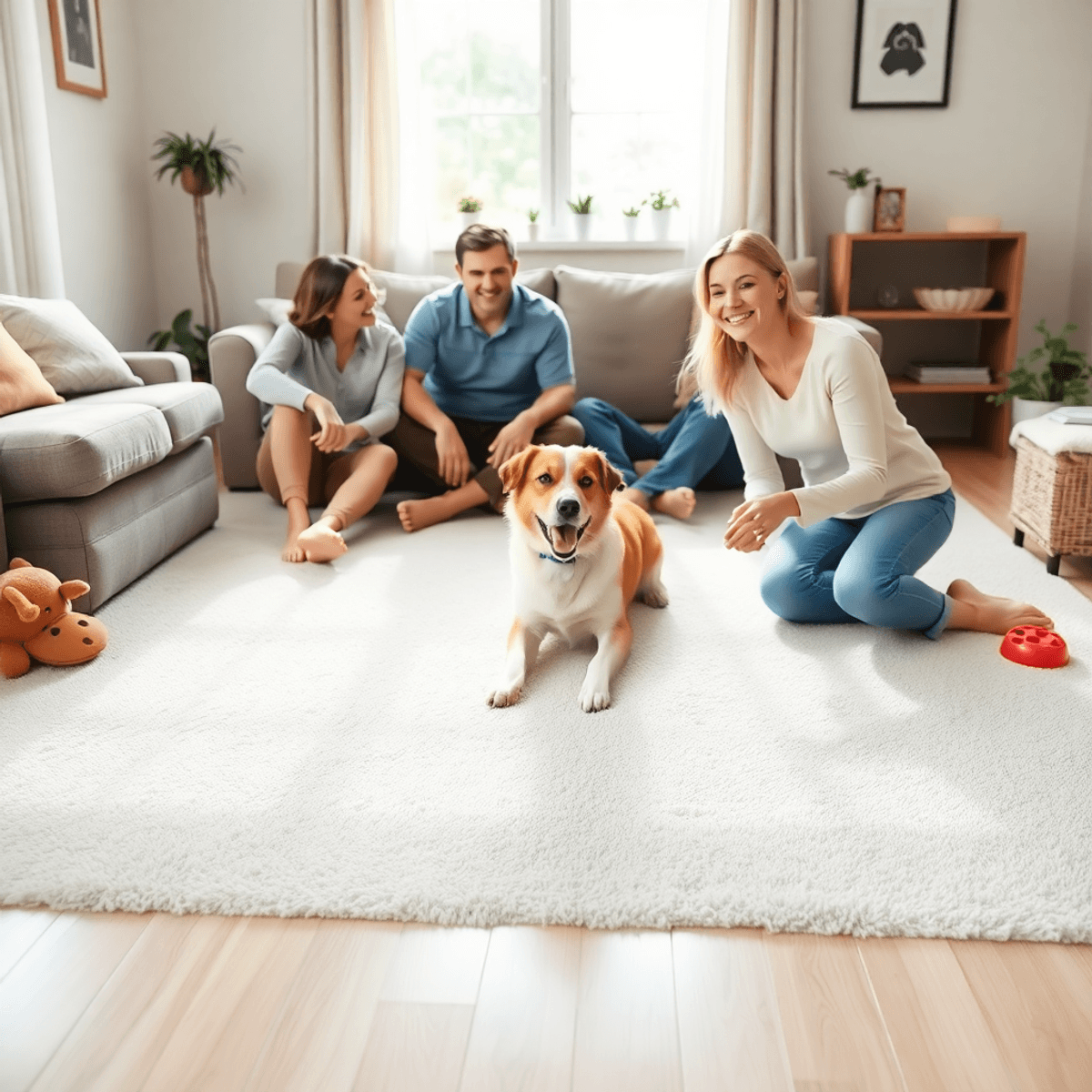 Happy family playing with their dog on a bright, clean carpet in a cozy, sunlit living room with pet toys nearby.